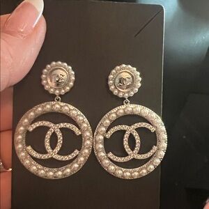 Silver and Pearl Logo Earrings